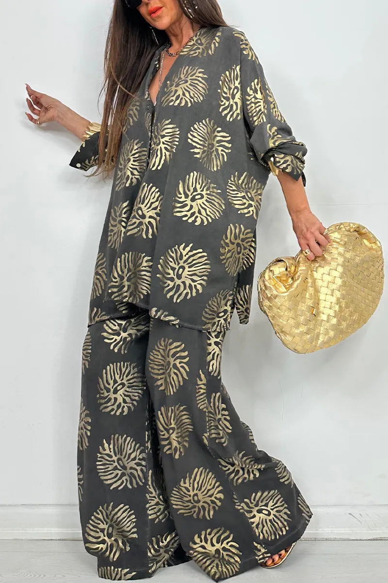Women's Lapel Print Gilding Loose Casual Long Suits