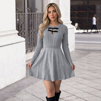 Elegant Style Woolen Bow Decoration Gray Dresses