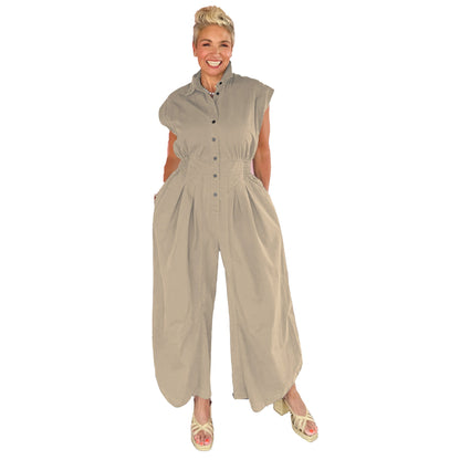 Lapel Sleeveless Button Tight Waist Overalls Suits