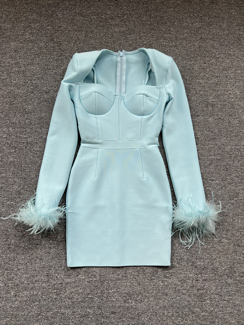 Women's Fashion Temperament Long Sleeve Tight Feather Dresses