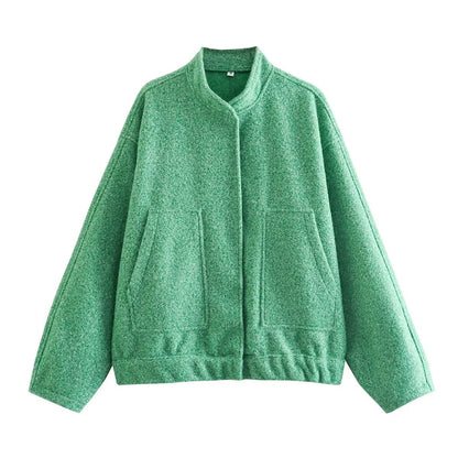 Women's Color Loose Casual Street Stand Collar Hidden Coats