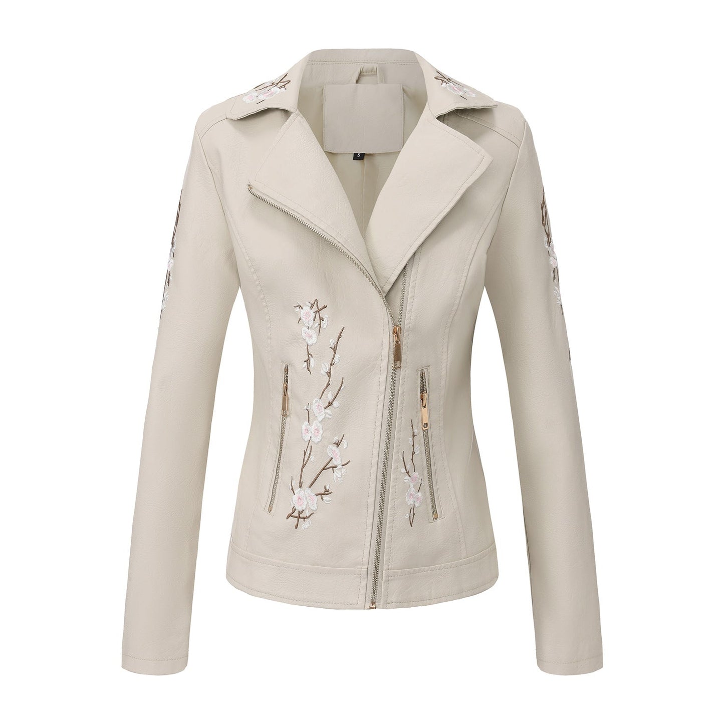 Women's Embroidered Leather Oblique Zipper Long Sleeve European Jackets