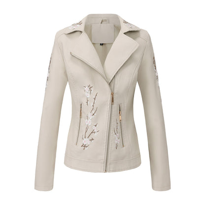 Women's Embroidered Leather Oblique Zipper Long Sleeve European Jackets