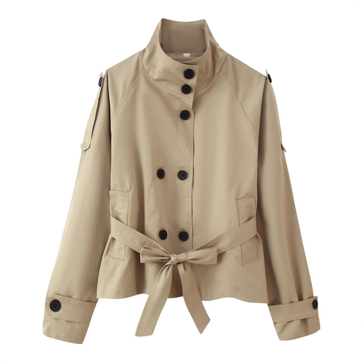 Women's Collar Long Sleeve Double Breasted Knotted Pocket Casual Coats