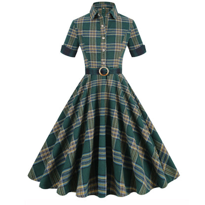 Women's Retro Elegant Hepburn Style British Plaid Dresses