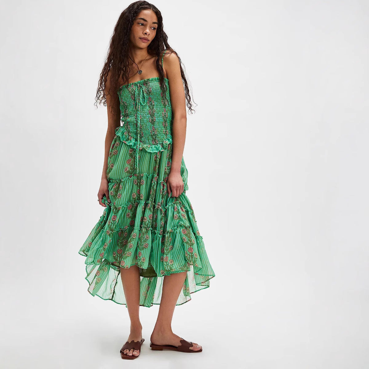 Printed Sling Vacation Style Stitching Irregular Dresses