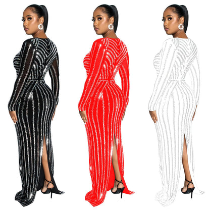 Women's Fashion Wear Solid Color Hot Drilling Long Dresses