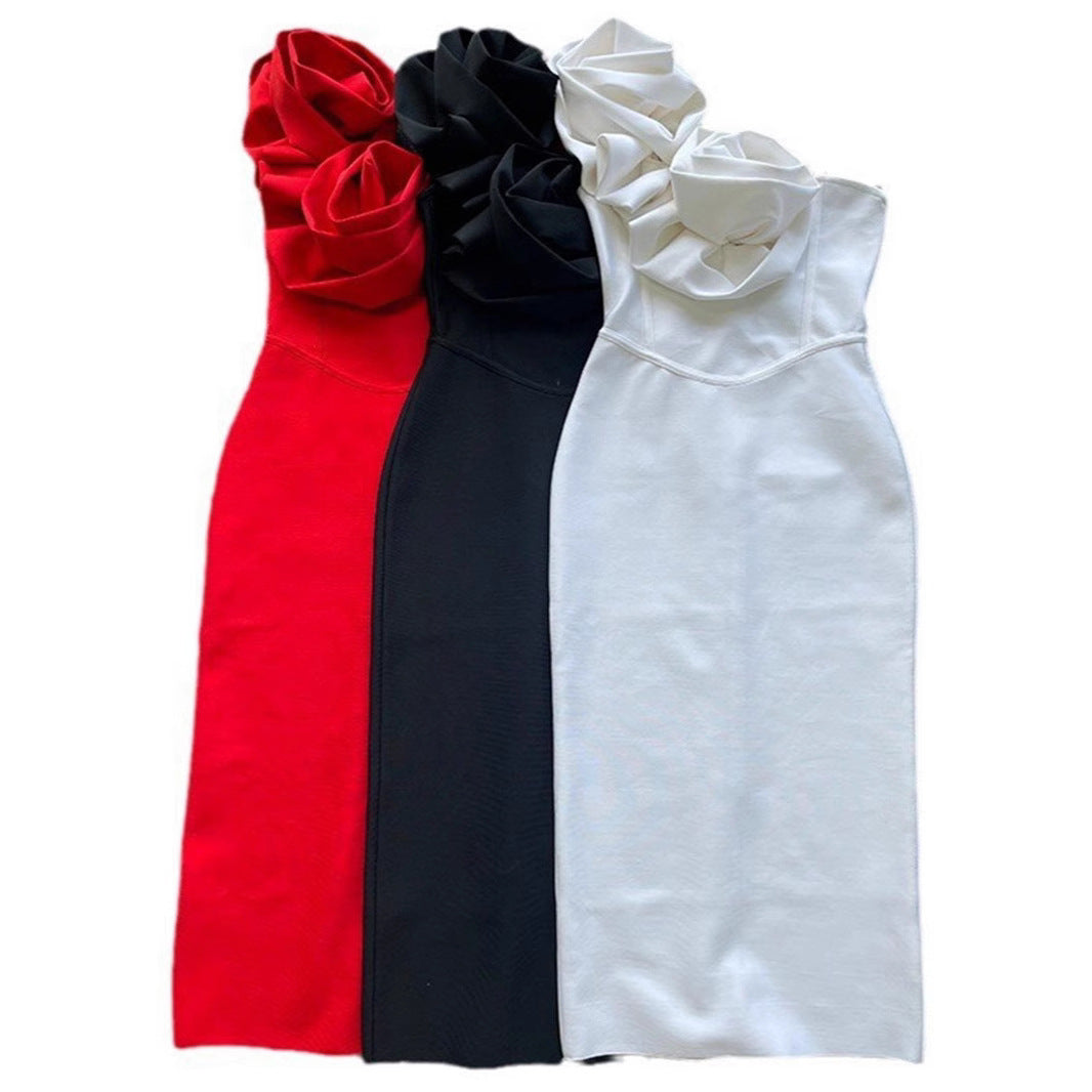 Christmas Sexy Sling Three-dimensional Flower Temperament Dresses