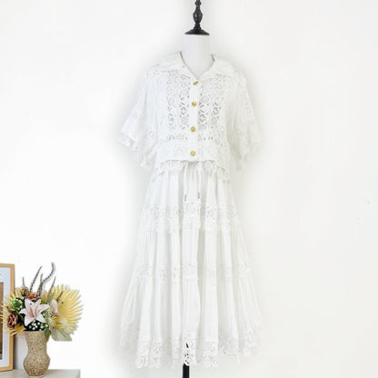 Cut-out Ruffles Shirt Elastic Waist A- Suits