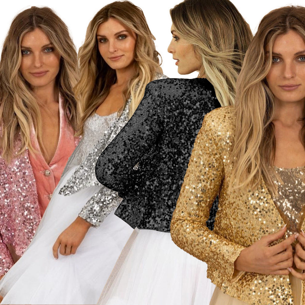 Women's Fashion Stand Collar Color Matching Sequins Casual Coats