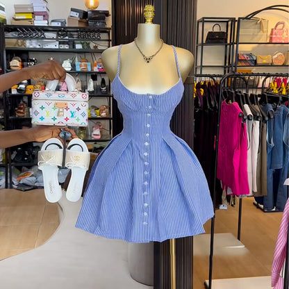 Women's Summer Fashion Elegant Blue Stripe Word Dresses