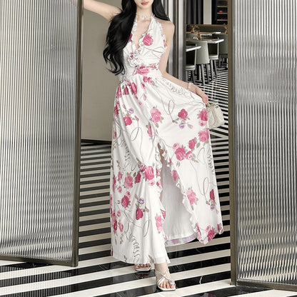 Women's Three-dimensional Flower Flexible Ruffled Design Halter Dresses