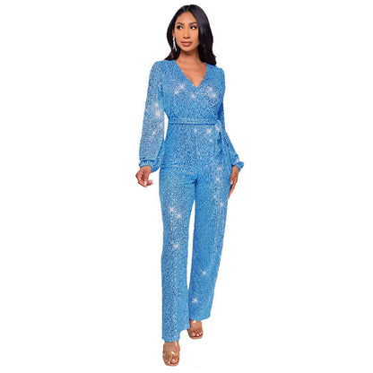 Women's Deep V Fashion Casual Long Sleeve Jumpsuits