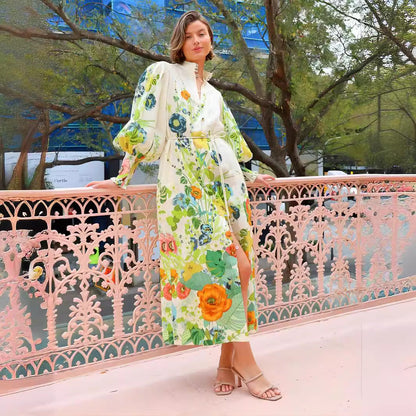 Single-breasted Long Lantern Sleeve Iti Printing Dresses