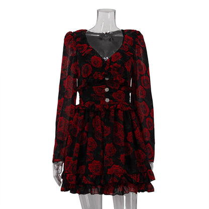 Women's Printed Long Sleeve Elegant Dress Autumn Floral Dresses