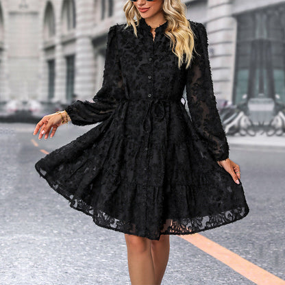 Black Dress Autumn Jacquard Long Sleeve Dresses