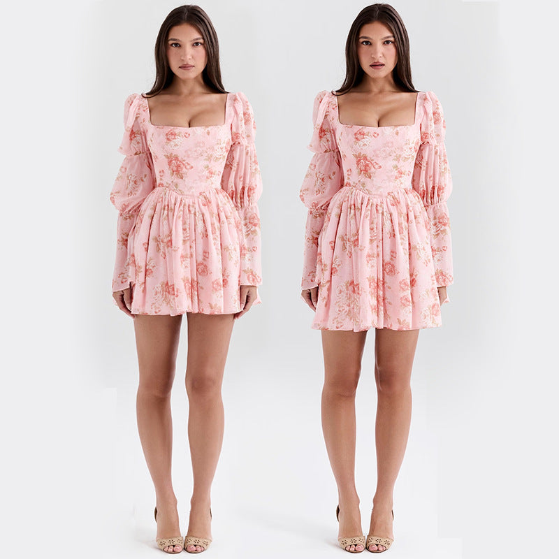Women's Slim Rose Printed Long Sleeve A- Dresses