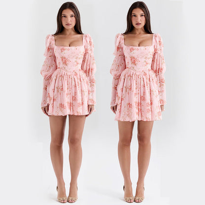 Women's Slim Rose Printed Long Sleeve A- Dresses