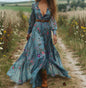 Women's Collar Floral Long-sleeved Dress Country Idyllic Dresses