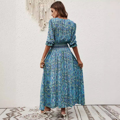 Women's Three-quarter Sleeve Waist Bohemian Dress Vacation Dresses