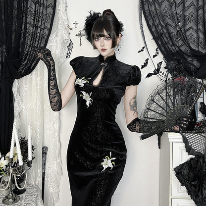 Chinese Style Sier Silk Veet Cheongsam Autumn Dark Sexy Dresses