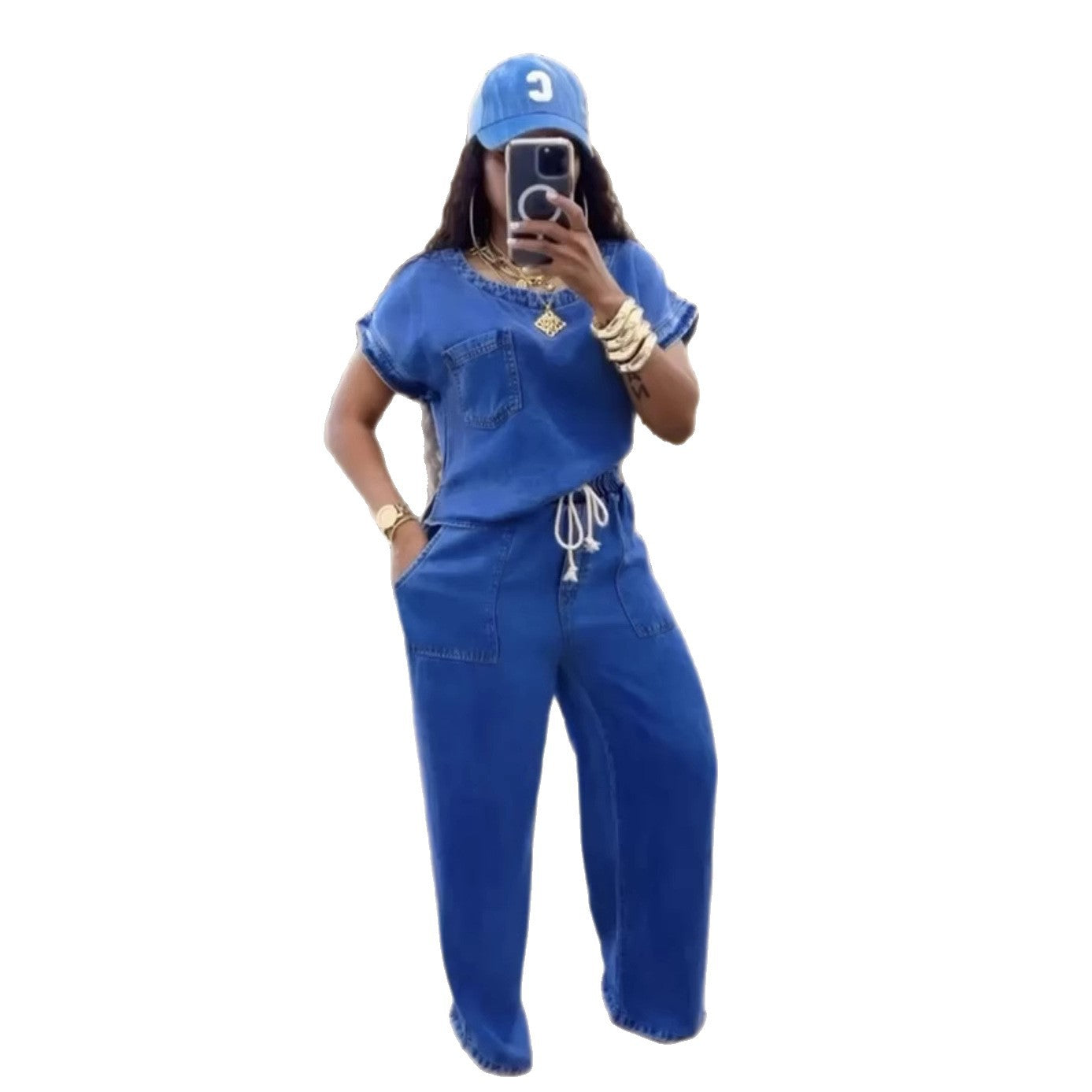 Women's Round Neck Sleeve Drawstring Loose Straight Suits