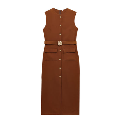 Women's Belt Sleeveless Round Neck Midi Dress Dresses