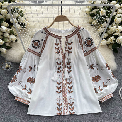 Women's Ethnic Style Design Sense Tassel Long Sleeve Loose Round Blouses