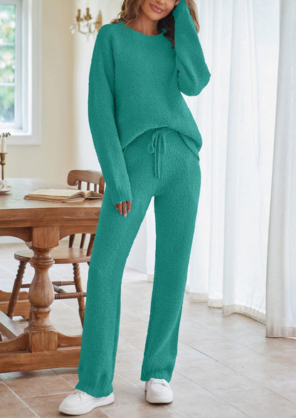 Women's Color Round Neck Long Sleeve Trousers Suits