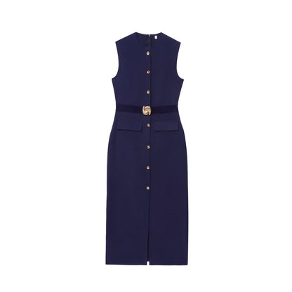 Spring With Belt Crepe Sleeveless Midi Dresses