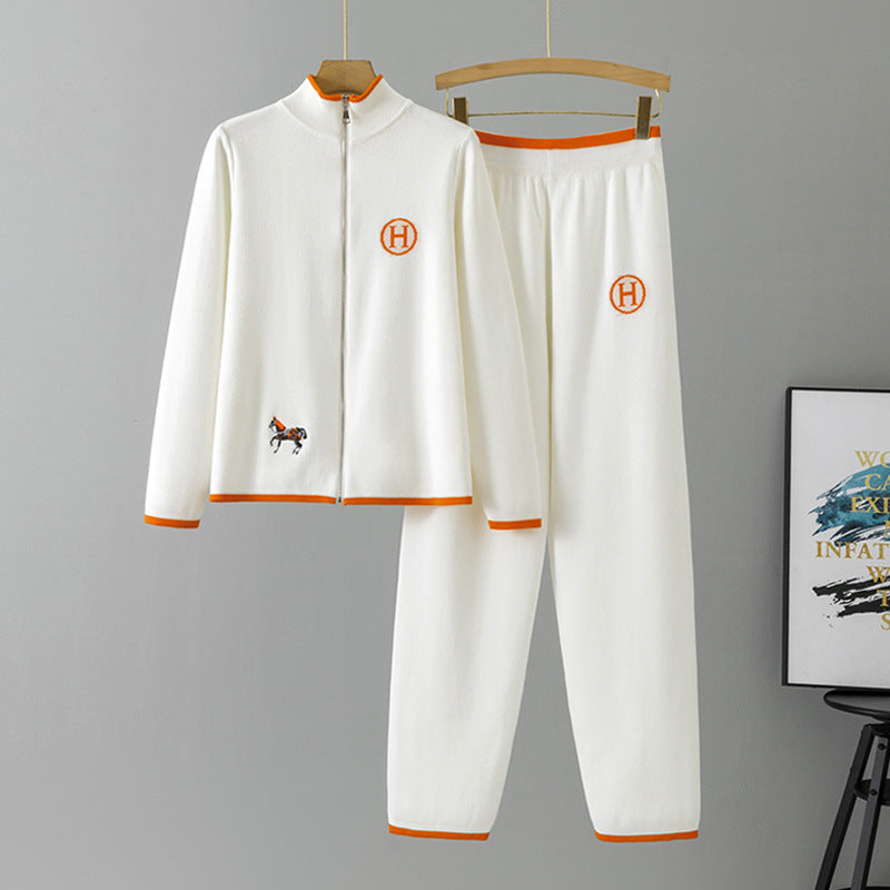 Women's Knitting Creative Horse Embroidery Long Sleeve Casual Trousers Suits