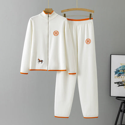 Women's Knitting Creative Horse Embroidery Long Sleeve Casual Trousers Suits