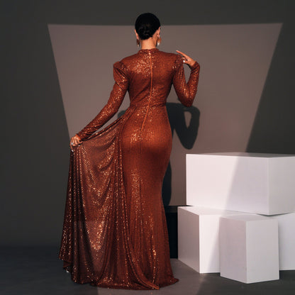 Women's Long Sleeve Temperament Crew Neck Sexy Slim Sequined Dresses