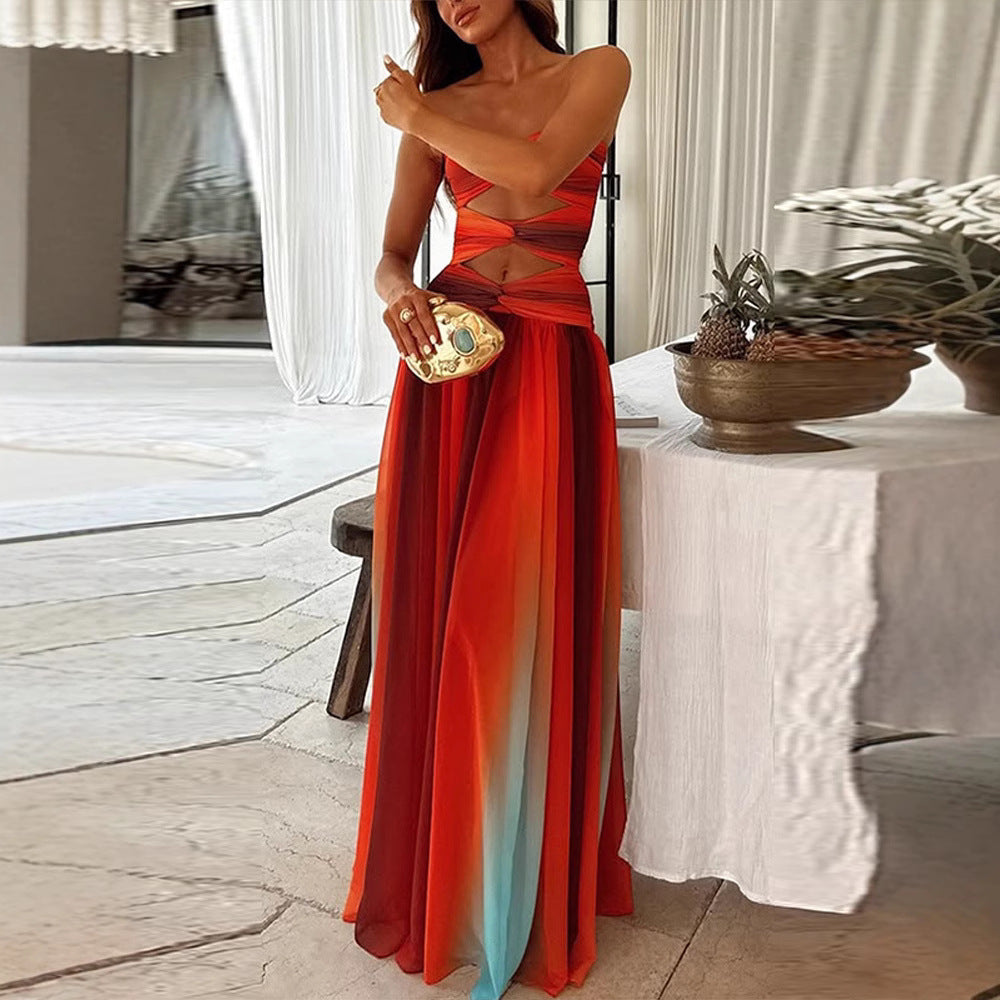 Graceful Tube Hollow Backless Color Matching Dresses