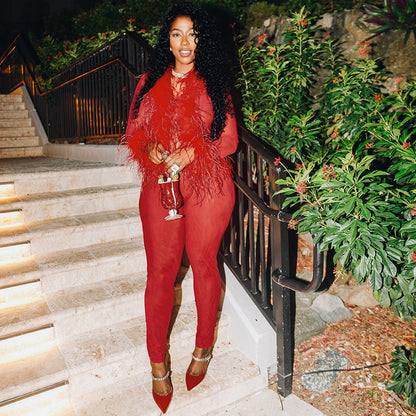 Color Mesh Stitching Plush Long-sleeved Tight Suits