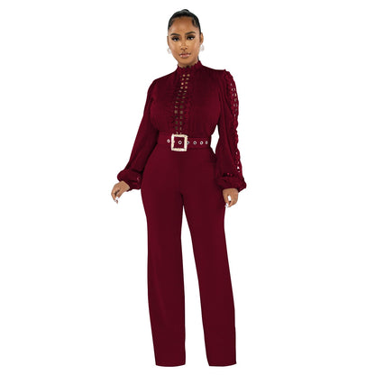 Women's Wear Belt Lace Cutout Solid Color Suits