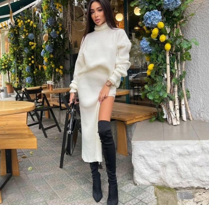 Turtleneck Loose Pullover Split Sexy Long Suits