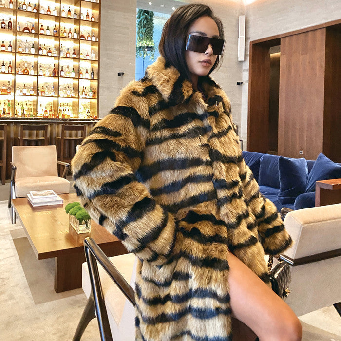 Fur Imitation Tiger Pattern Lengthened Artificial Wool Loose Coats