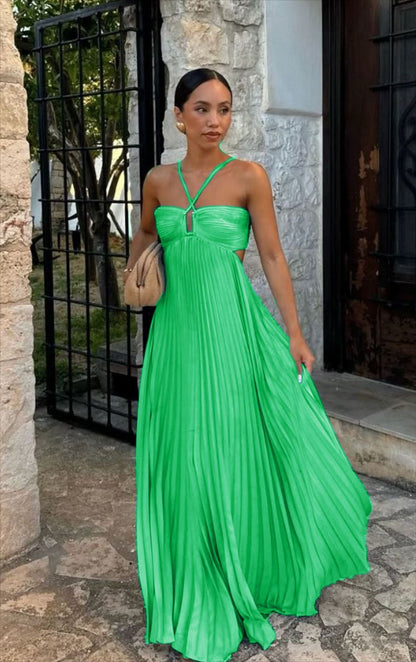 Summer Pure Color Pleated Sleeveless Suspender Dresses
