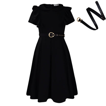Women's Short-sleeved Doll Collar Solid Color Ruffled High Dresses