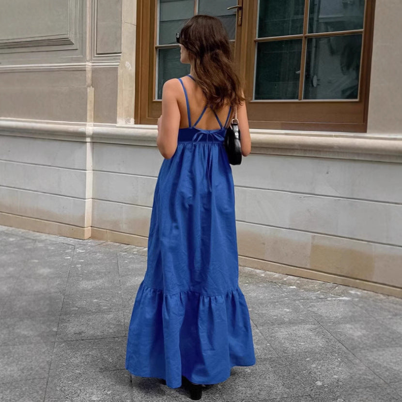 Women's Blue Suspender Summer Loose Casual Cotton Linen Dresses