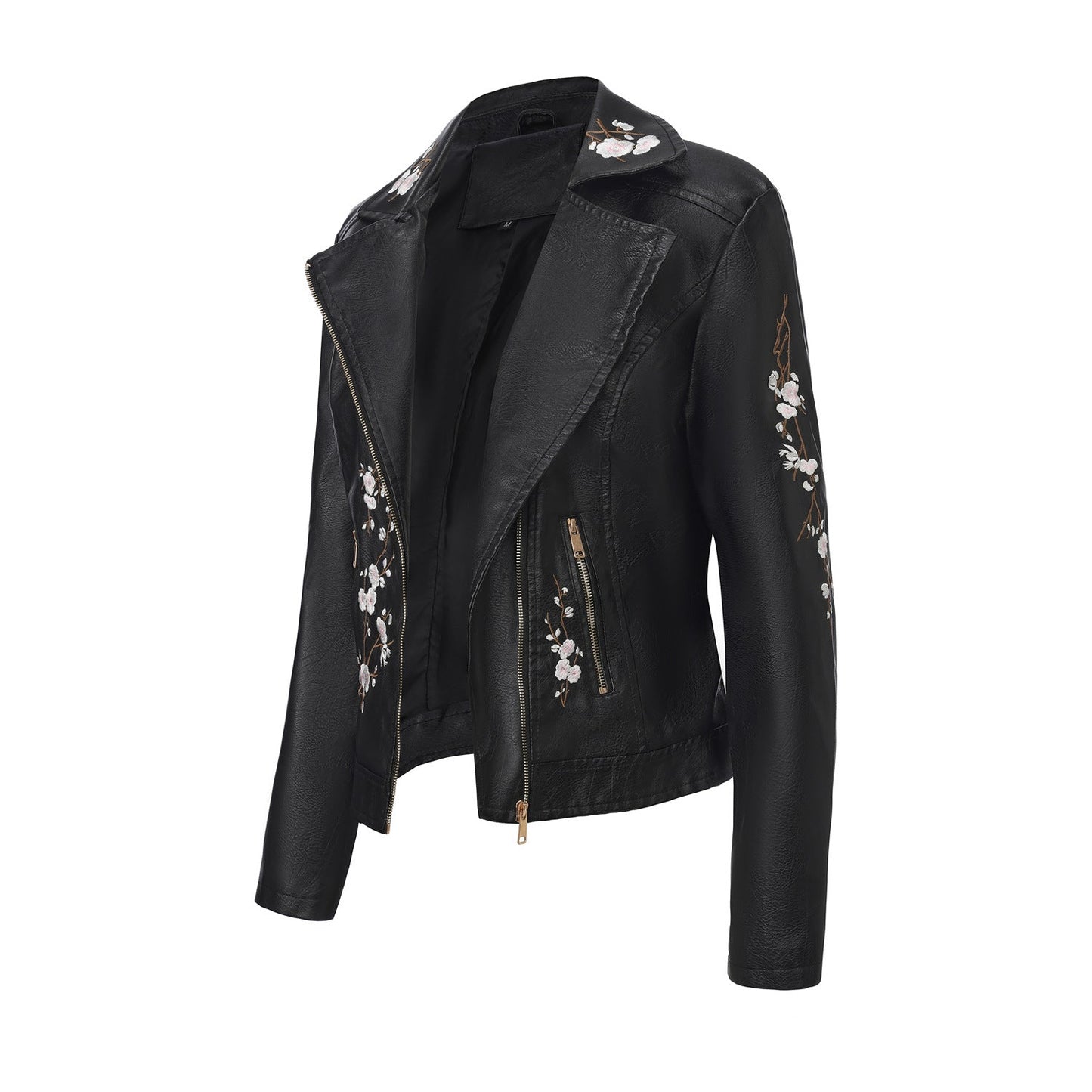 Women's Embroidered Leather Oblique Zipper Long Sleeve European Jackets