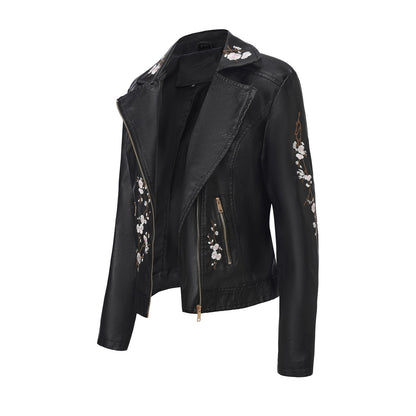 Women's Embroidered Leather Oblique Zipper Long Sleeve European Jackets