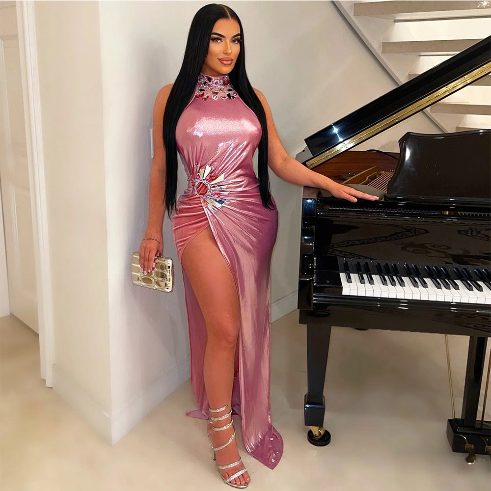 Women's High Slit Solid Color Rhinestone Dress Clothing
