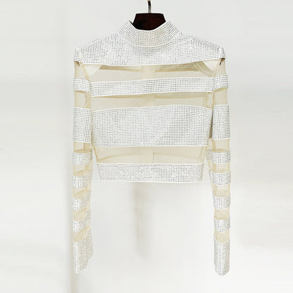 Temperament Fashion Mesh Patchwork Hot Drilling Tops