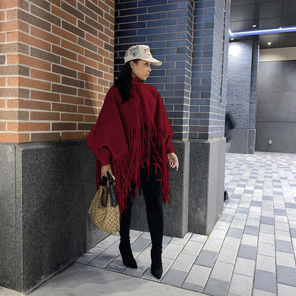 Women's Premium Suede Tassel Shawl Cape Coats