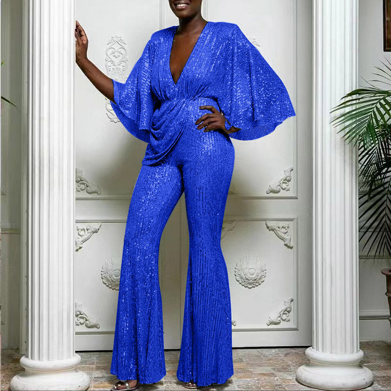 Women's Versatile Sequined Deep Backless Trousers Jumpsuits