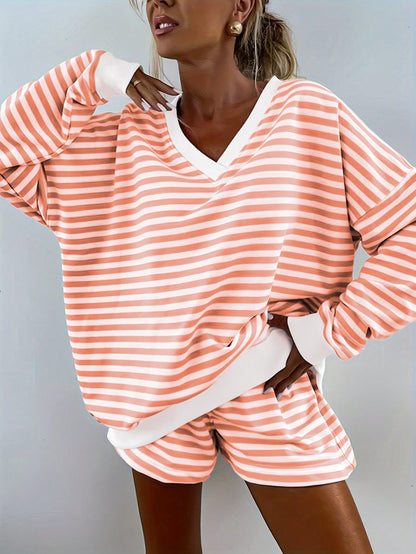 Women's Striped Casual Long-sleeved Elastic Waist Suits