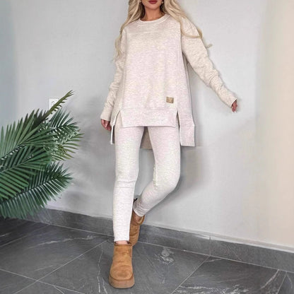 Women's Slit Long Sleeve Crew Neck Casual Suits