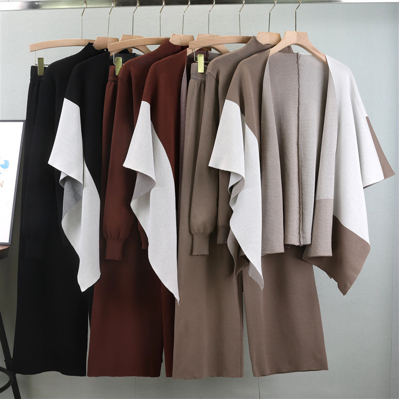Women's Fashionable Knitted Color Matching Shawl Three-piece Suits